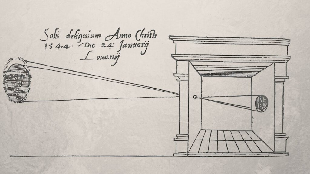 Den första publicerade avbildningen av en camera obscura, ur Gemma Frisius bok De Radio Astronomica et Geometrica från 1545.