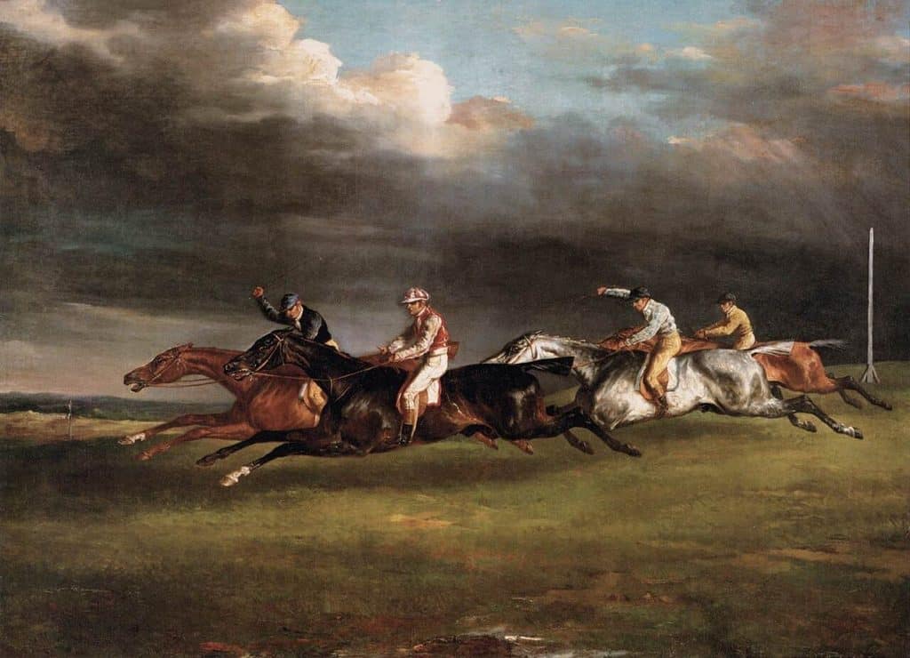 Oljemålning av fyra kapplöpningshästar i sidled över en grön hed under mörk åskhimmel. Samtliga har benen utsträckta rakt framåt och bakåt och ingen hov rör marken. Jockeyerna bär färgade dräkter och lyfter piskan.