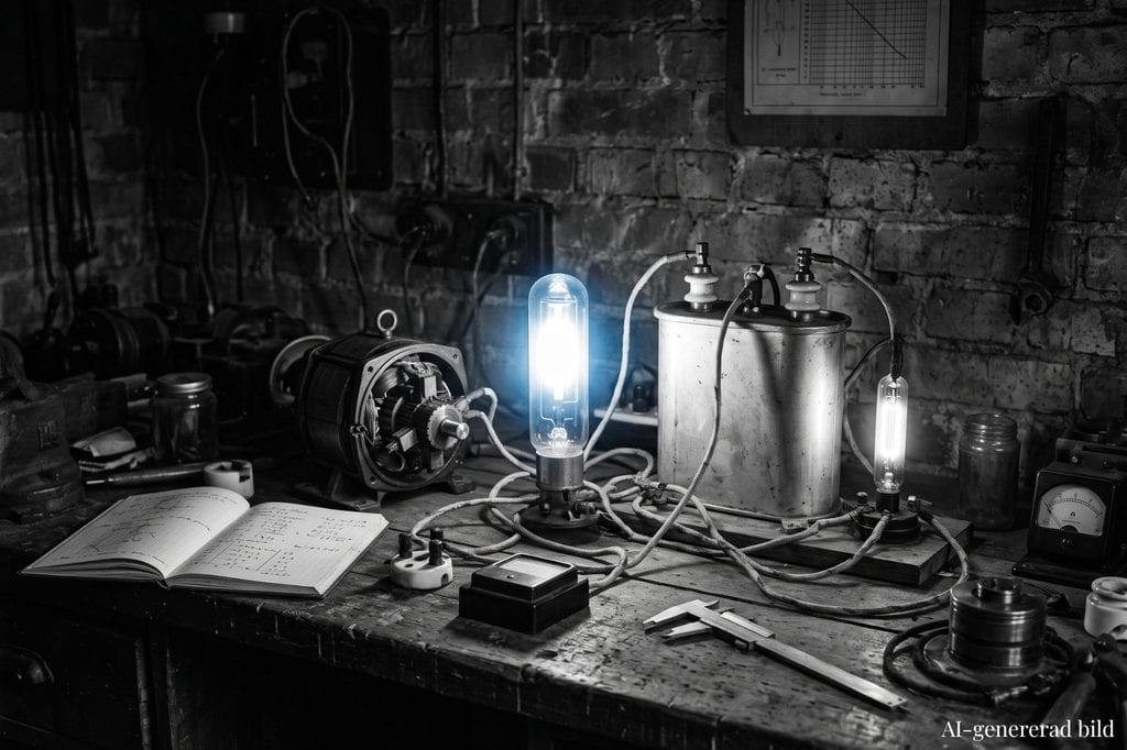 AI-genererad bild. Ett mörkt laboratorierum med en elmotor, en glaslampa, en stor kondensator och ett gasrör uppställda på en arbetsbänk och sammankopplade med ledningar. Ett hårt blåvitt sken från lampan kastar skarpa skuggor mot väggen bakom. Ingen människa syns.