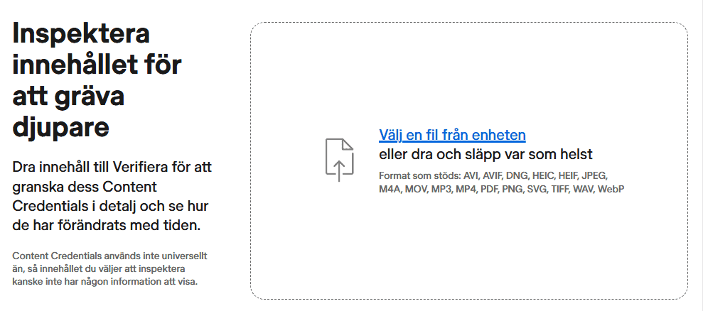 Skärmbild av verktyget Verifiera där en fil dras in för att granska bildens Content Credentials