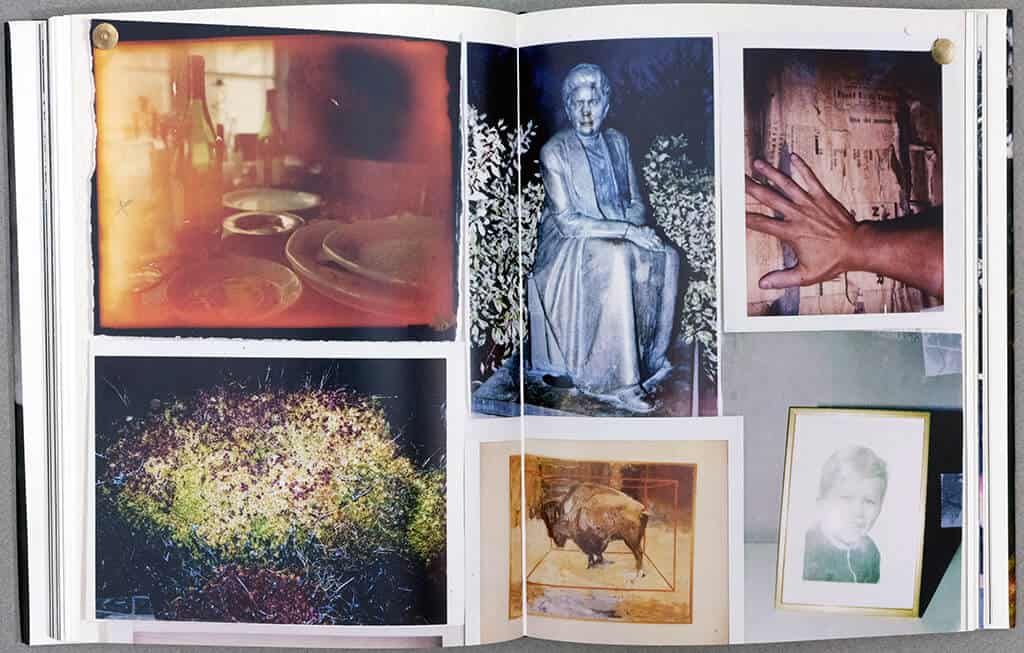 Uppslag ur From Back Home: ett collage med en staty, en hand mot rött och ett inramat barnporträtt