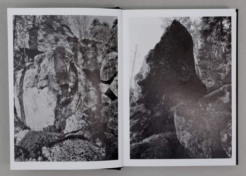 Uppslag ur The Frame: mörka fotografier av mossbeklädda stenblock i skog

