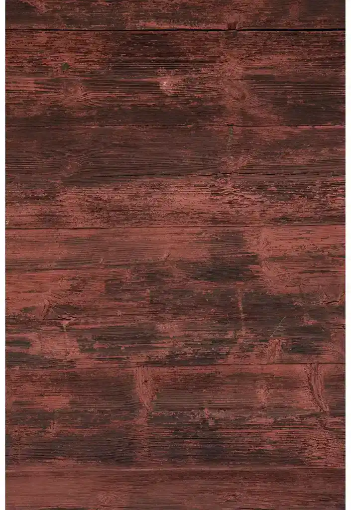 Närbild av en vägg av liggande plank i falurött med nött och flagnad färg.