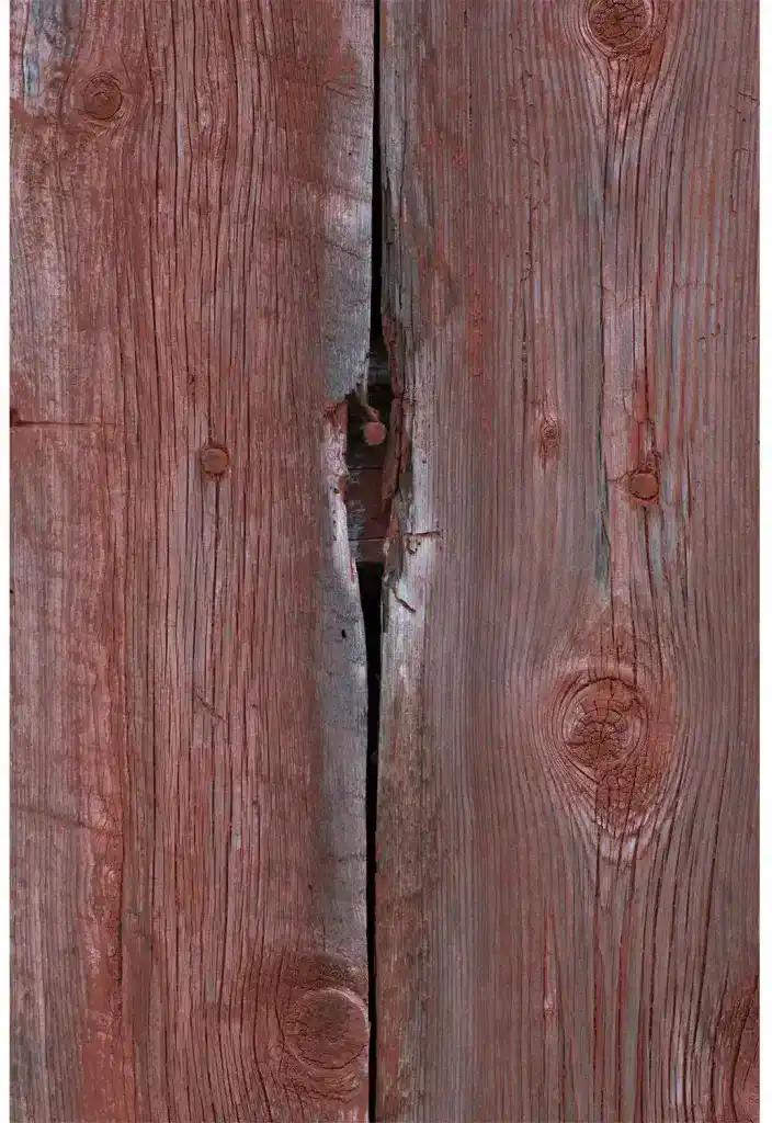 Springa mellan två faluröda plank där färgen nötts bort och det grå träet syns.