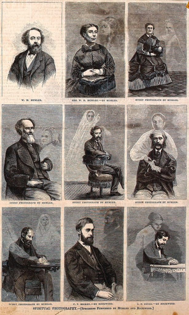 Tidningssida ur Harper's Weekly från 1869 med nio gravyrer i ett rutnät, porträtt av Mumler, hans hustru och flera personer med svävande andegestalter.