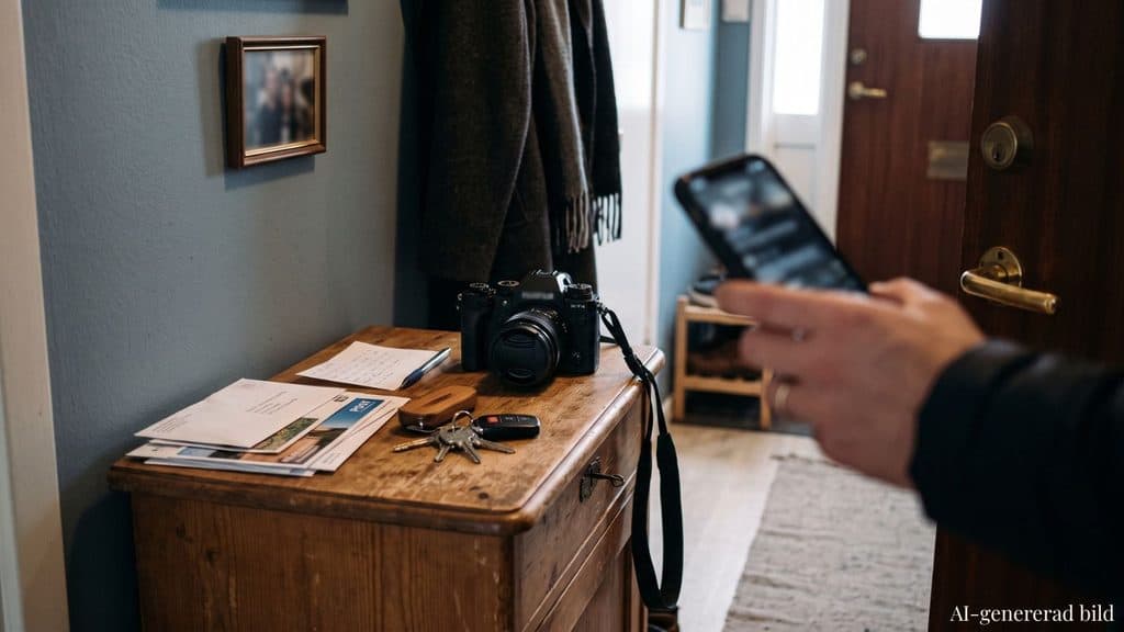 Systemkamera kvarlämnad på hallbyrån medan en hand bär ut mobiltelefonen genom dörren.