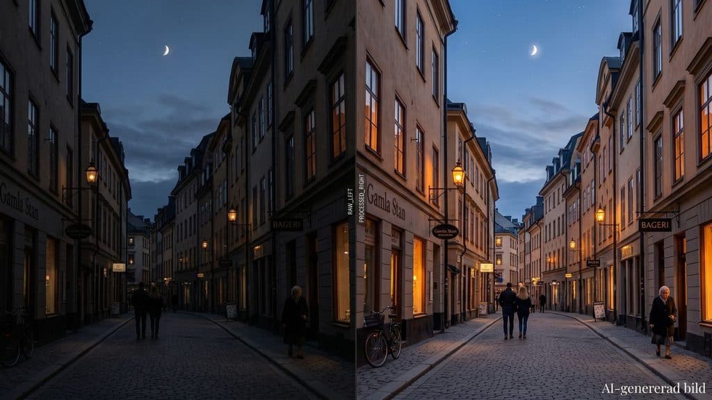 Diptyk av samma skymningsgata, obehandlad och mörk till vänster, färdigräknad och ljus till höger.