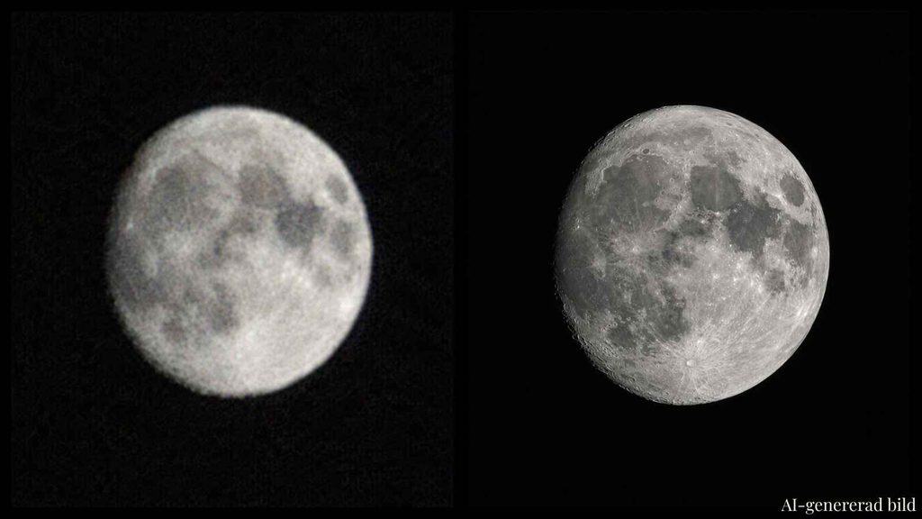 Två bilder av månen sida vid sida, till vänster en suddig och brusig ljus skiva, till höger en skarp måne med tydliga kratrar, AI-genererad bild.