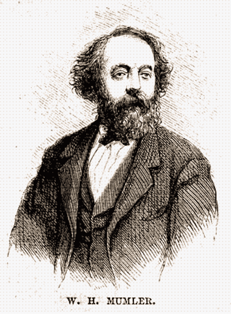 Gravyr av William H. Mumler i halvfigur, en man med mörkt hår och helskägg, klädd i mörk rock och fluga.