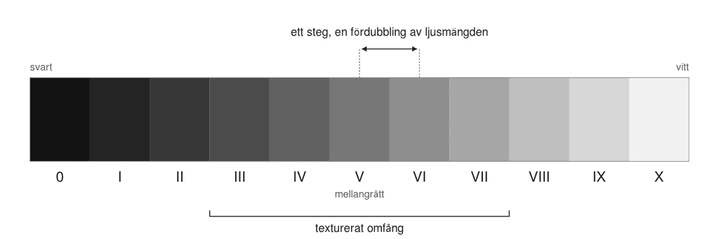 Vågrät skala i elva lika stora rutor från rent svart till rent vitt, märkta 0 till X med romerska siffror, med rutorna III till VII markerade som det texturerade omfånget.