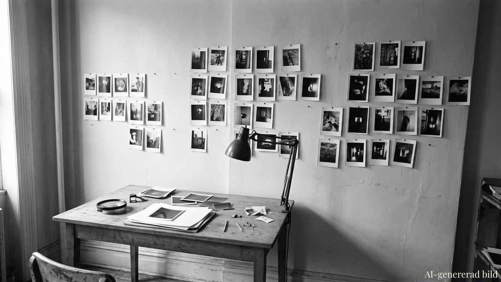 En vägg i en sparsamt möblerad lägenhet täckt av dussintals små svartvita fotografiska kopior uppnålade i oregelbundna rader, med ett arbetsbord och en lampa framför, AI-genererad bild.
