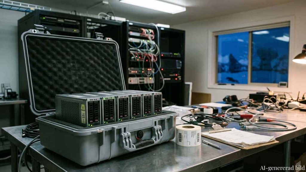 En öppen grå transportlåda på en arbetsbänk av metall, med en rad diskmoduler med gröna lampor uppställda ovanpå. Intill ligger en rulle etiketter och kablar, i bakgrunden står serverskåp och genom ett fönster syns snöiga berg i blått skymningsljus.