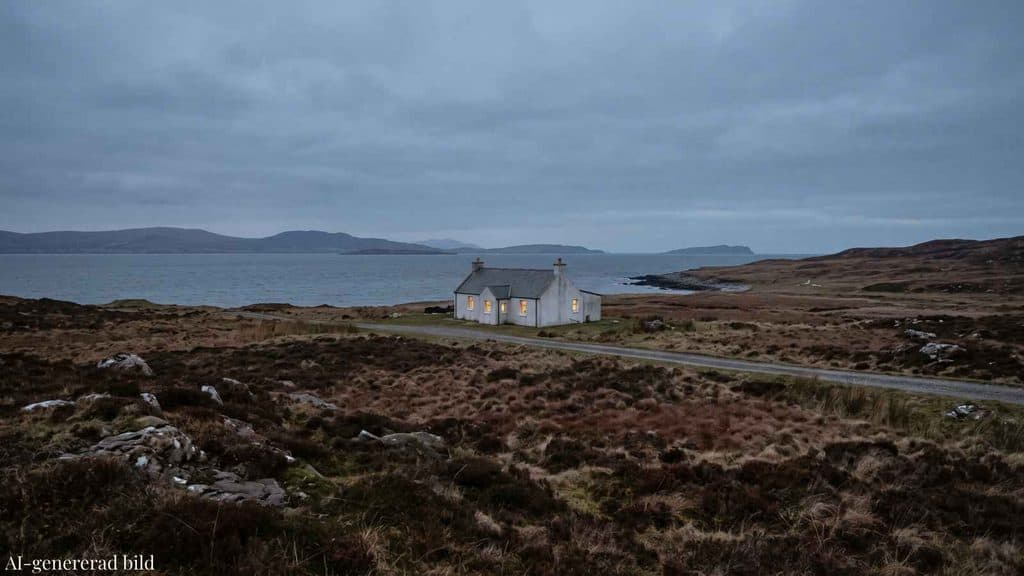 Ett vitt envåningshus med två skorstenar och gula upplysta fönster vid en grusväg i skymningen, omgivet av brun ljung och stenar, med grått hav, låga öar och berg under ett mulet himlavalv i bakgrunden, AI-genererad bild.