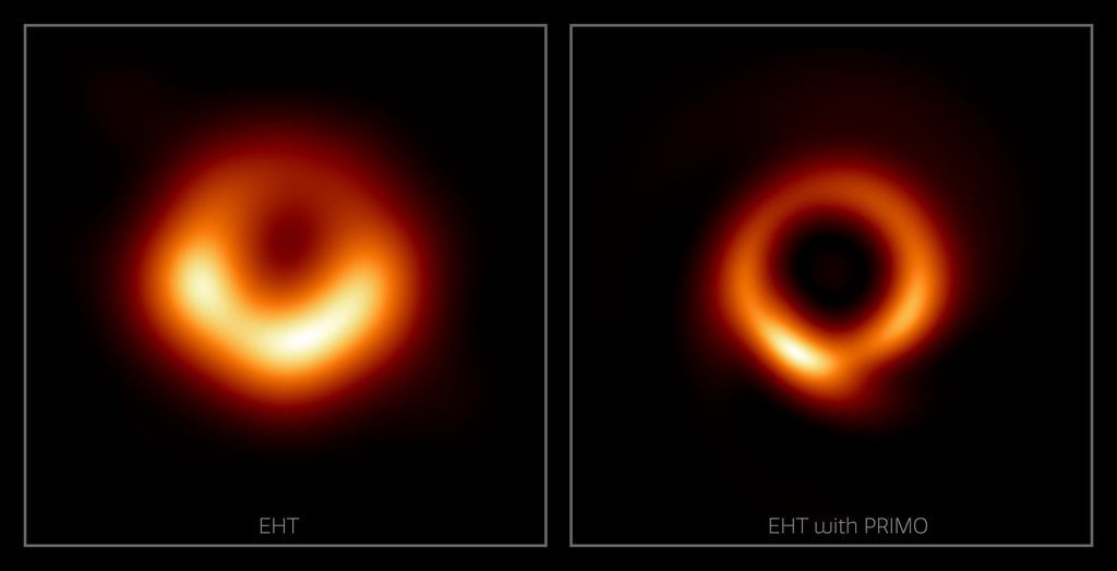 Två kvadratiska bilder bredvid varandra mot svart bakgrund. Till vänster en suddig orange ring med en liten mörk mitt, till höger en tunnare och skarpare orange ring med en större, tydligt svart mitt.